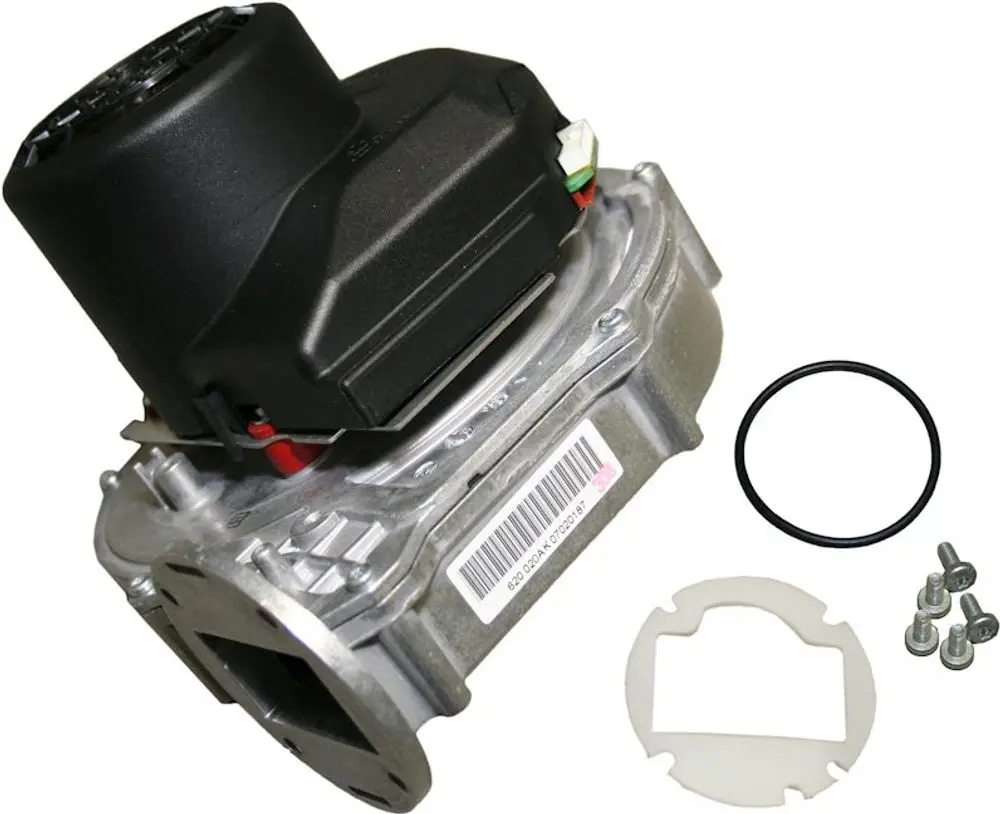 Bosch-Gebläse mit montierter elektrischer Einheit, Silikon-Dichtungsring, Kunststoffscheibe und Befestigungsschrauben auf einem neutralen Hintergrund.